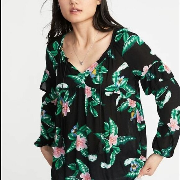 Old Navy Tops - Old Navy Womens XL Black Tropical Floral Tassel Tie Ruffle Babydoll Blouse Top